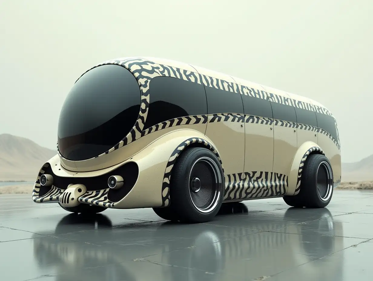 A supermodern utopian sports omnibus, a lowered body with a skull, aluminum rims, wide tires, cream-black zigzag pattern, Science-Fiction