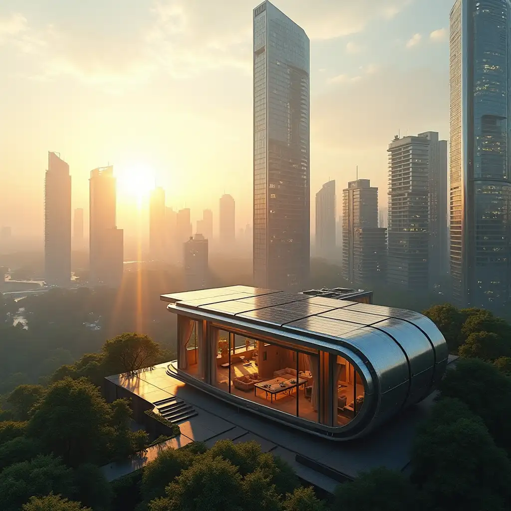 Futuristic-Cityscape-with-Steel-Modular-House-and-Solar-Panels-at-Sunrise