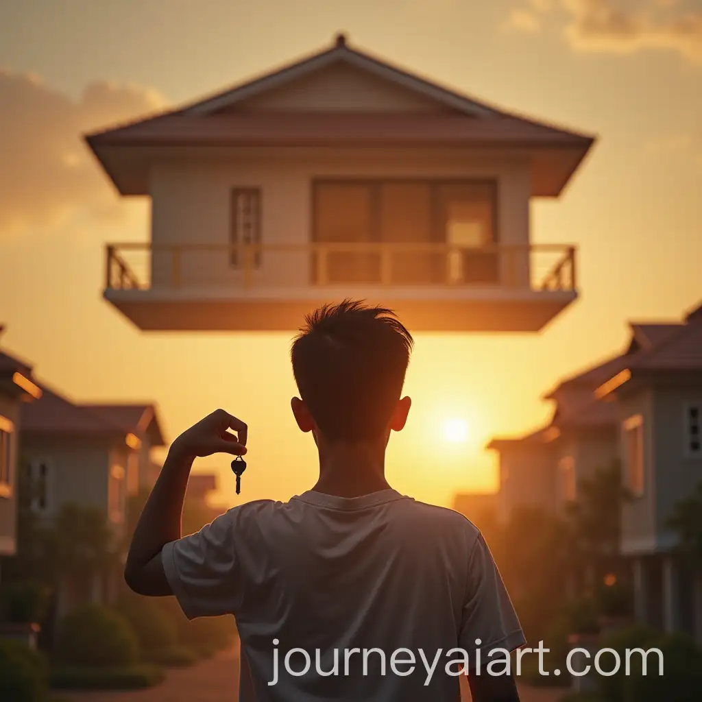 Young-Malaysian-Adult-Holding-House-Key-with-Dream-of-Luxury-Bungalow-at-Sunset