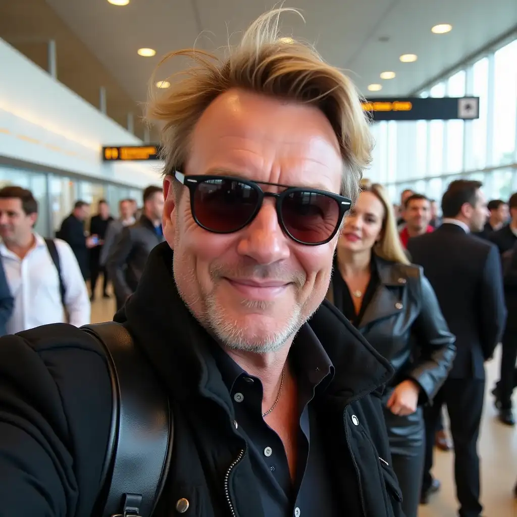 Simon le bon of Duran Duran band at airport selfie pics