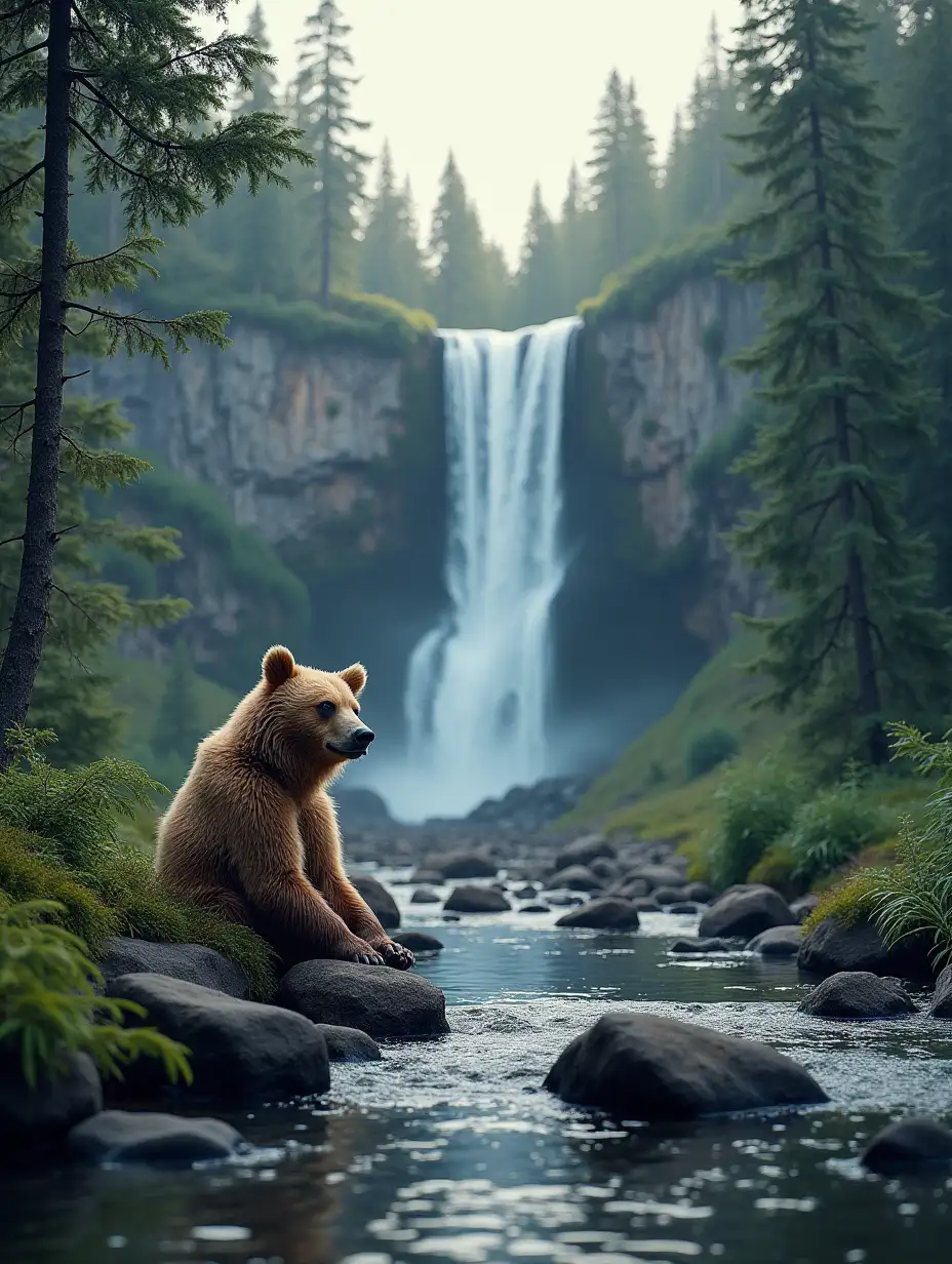 In the tranquil setting of a mountain stream, a serene bear sits, taking in the beauty of his surroundings. The cascading waterfall and lush taiga provide a stunning backdrop for this peaceful moment. With every detail rendered in stunning clarity, this image captures the essence of nature's tranquility.