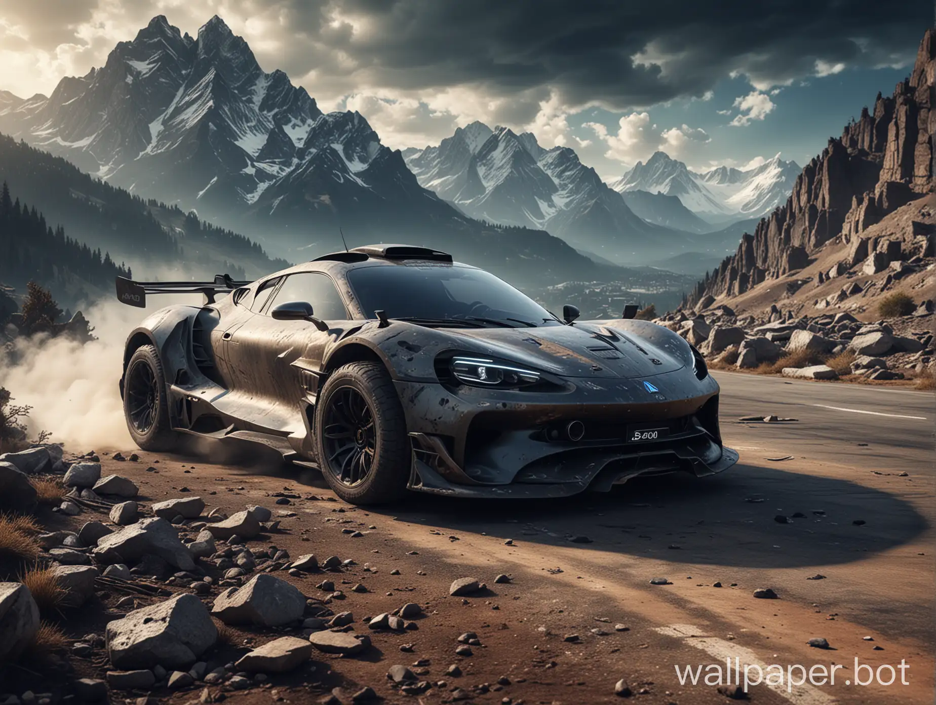 create a 4K wallpaper with the restyled alpine A390 and an apocalyptic decor