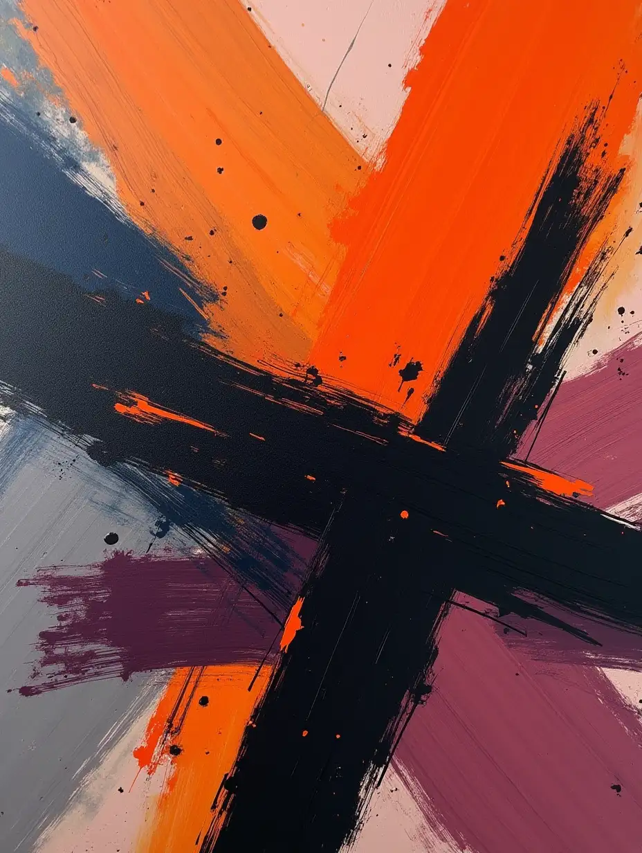 Create an abstract painting with strong, intersecting brushstrokes in rusty orange, deep plum, and slate blue tones. Include sharp contrasts and dynamic overlaps, with streaks of black for depth and definition. The composition should convey boldness and tension.