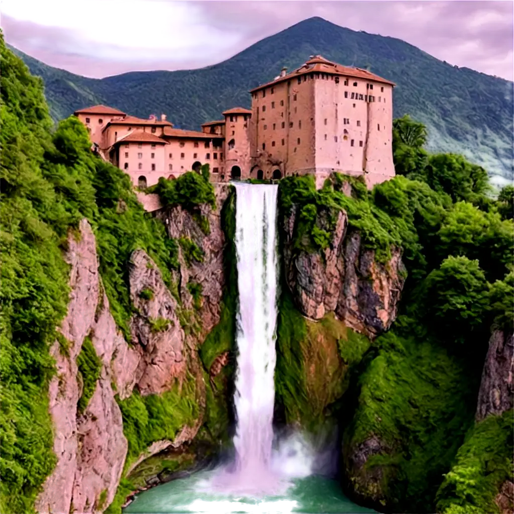 Stunning-PNG-Image-of-a-Classic-Medieval-Castle-in-Italy-with-a-Mountain-Waterfall