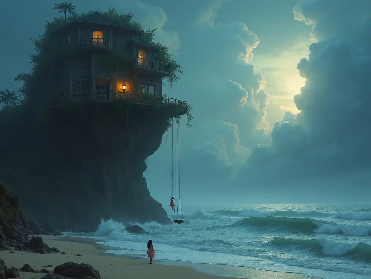 Face turning into a high building with a terrace with a lantern and hanging swing with a fairy on the beach with large stormy waves and clouds