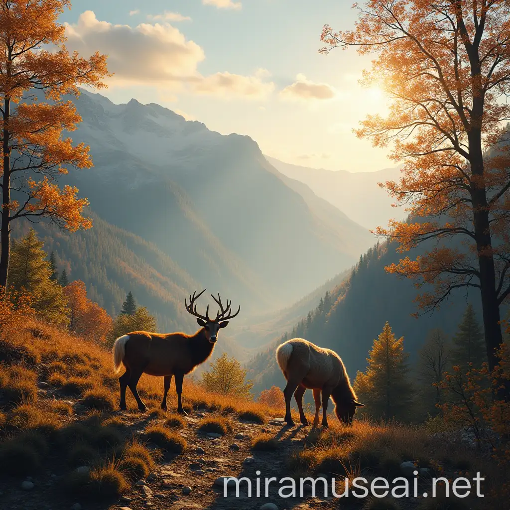 Autumn Morning in the Northern Mountains with Animals