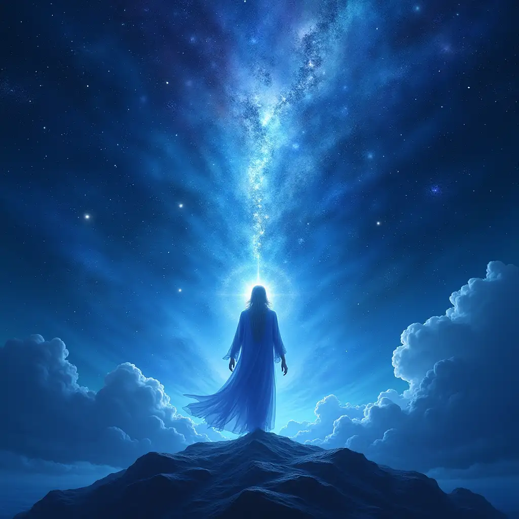 Imagine an enchanting and philosophical scene depicting the concept of immortality intertwined with the vastness of the universe. At the center of the image is an ethereal figure, representing an immortal human. Their appearance is otherworldly yet serene, suggesting both timeless existence and the profound wisdom that comes with it. The figure is enveloped in hues of deep blue and indigo, colors that symbolize both tranquility and the infinite mysteries of the cosmos. The background of the scene is a tapestry of the universe itself, filled with swirling galaxies, twinkling stars, and cosmic clouds. It stretches infinitely on all sides, capturing the boundless nature of both the universe and the idea of eternal life. The stars seem almost alive, like bright pearls scattered across the night sky, enhancing the feeling of vastness and exploration. Radiating from the immortal figure are subtle waves of light, symbolizing the knowledge and understanding they have gained through their eternal journey. These waves blend seamlessly with the cosmic backdrop, indicating a deep connection between the individual and the universe. It’s as if the very essence of the universe is flowing through them, making them a living embodiment of cosmic wisdom. Subtle hints of other colors — perhaps a faint lavender or silver — might accent the illustration, adding layers of depth and complexity. The overall composition should evoke awe and wonder, inviting the viewer to ponder the possibilities of life without end and the mysteries that lie beyond the stars.