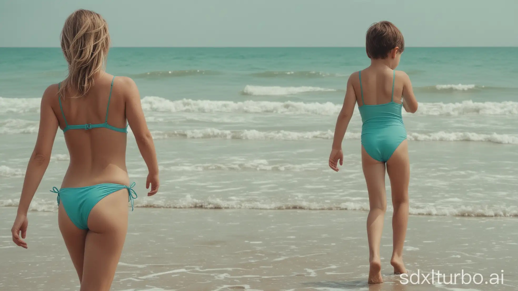 young little boy, very sad, wear turquois bikini, walking on the beach with woman wearing one-piece bathing suit