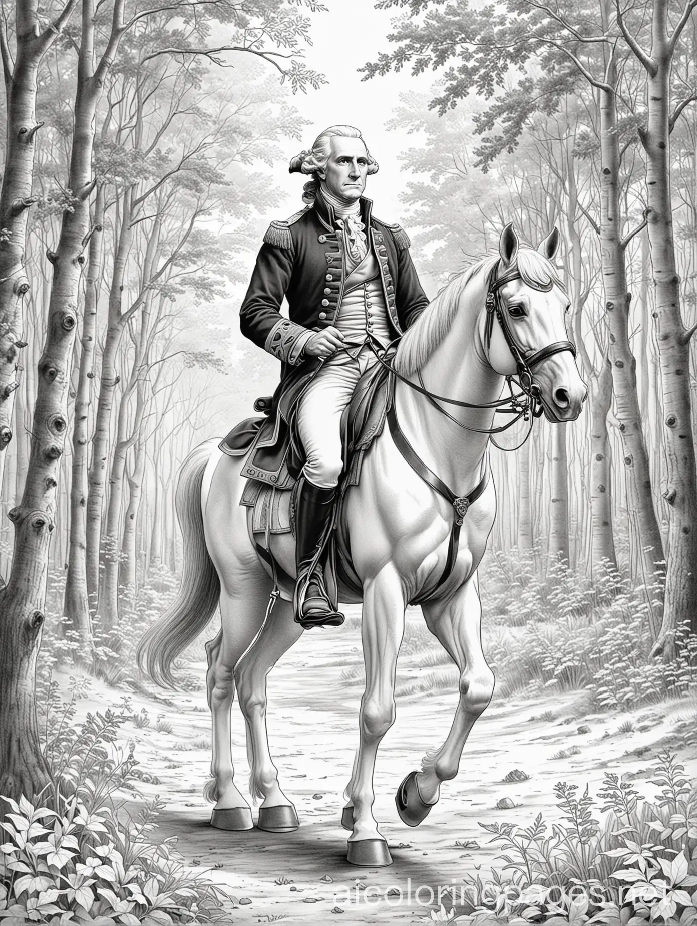 General-George-Washington-on-Horse-Near-Woods-Coloring-Page