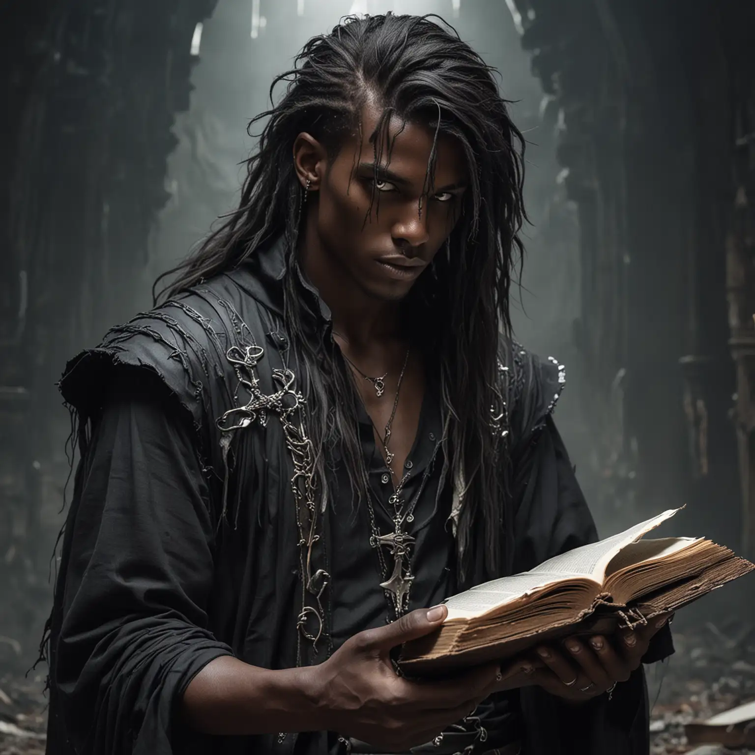 Dark Skinned Male Necromancer with Spellbook in Rogue Attire