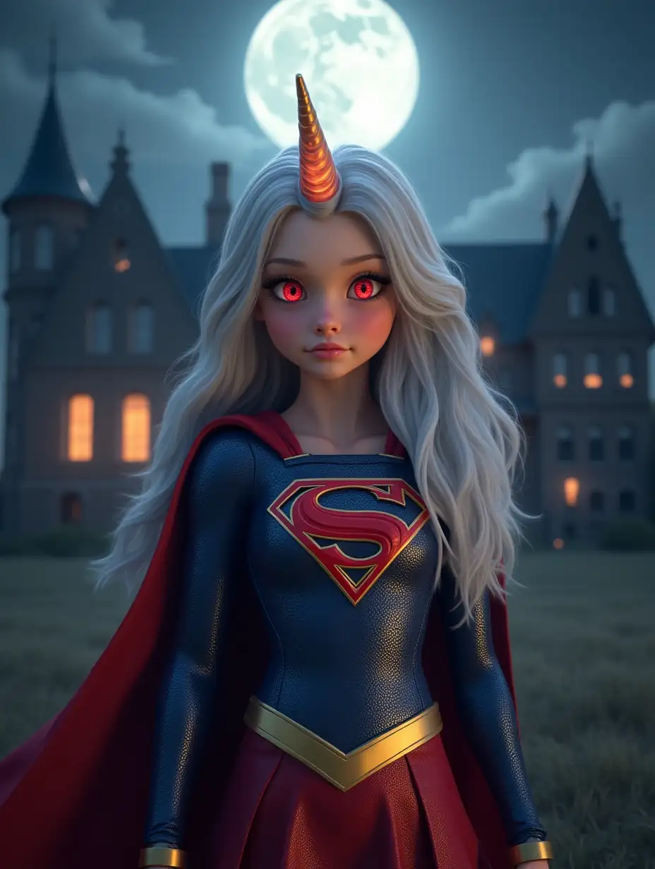 A highly detailed, ultra-realistic 3D render of a young Supergirl in 4K resolution. She has long, flowing silver hair, glowing red eyes, and a playful yet intense expression. A mystical, glowing unicorn horn emerges from her forehead, and she has small pointed ears. She wears a metallic blue Supergirl suit with a red and gold 'S' emblem on her chest, a flowing red cape, and golden accessories. Her skin appears flawless, reflecting a soft moonlight glow. The background features a haunted mansion with glowing windows under a bright full moon, with a dark, mysterious atmosphere. The scene is cinematic, with dramatic lighting, depth of field, and a balance of realism and fantasy aesthetics.