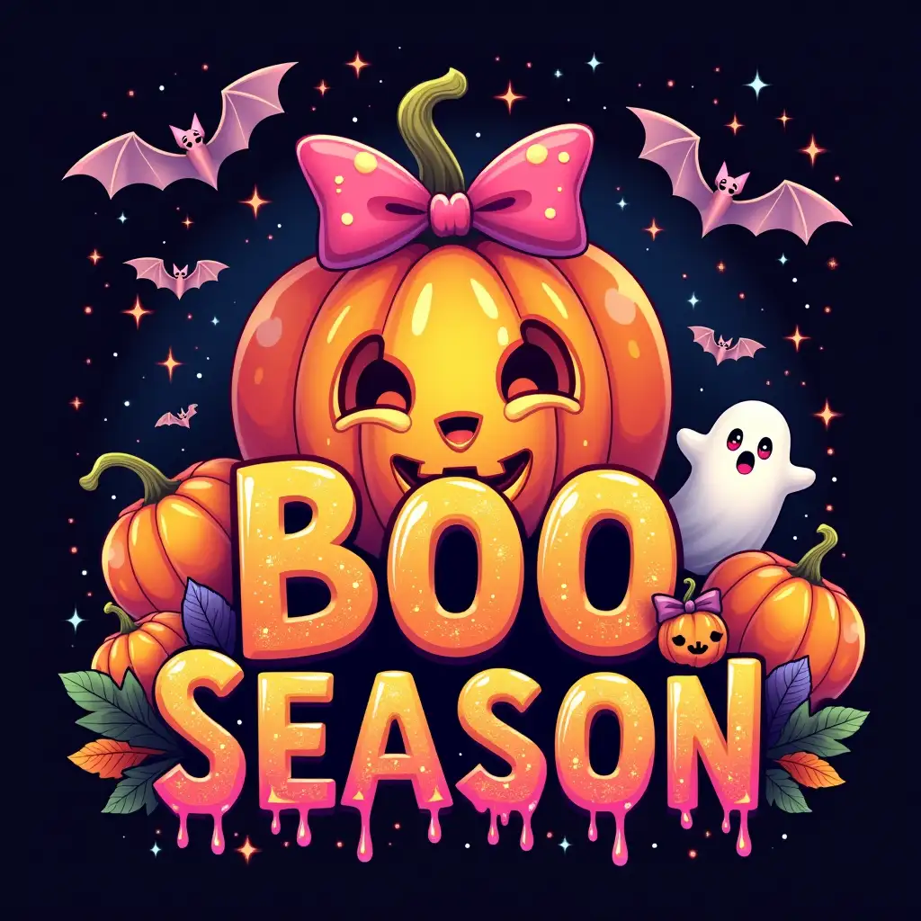 Create a vibrant, Halloween-themed graphic featuring a glowing pumpkin adorned with a pink bow and surrounded by smaller pumpkins, bats, and a friendly ghost. The pumpkins should be decorated with intricate patterns and glitter, while the ghost should have a playful expression. The text 'BOO SEASON' should be prominently displayed in bold, colorful letters, with a dripping, glittery effect. The background should be a dark, starry sky with a galaxy-like pattern. The overall style should be playful and energetic, with a touch of cuteness.