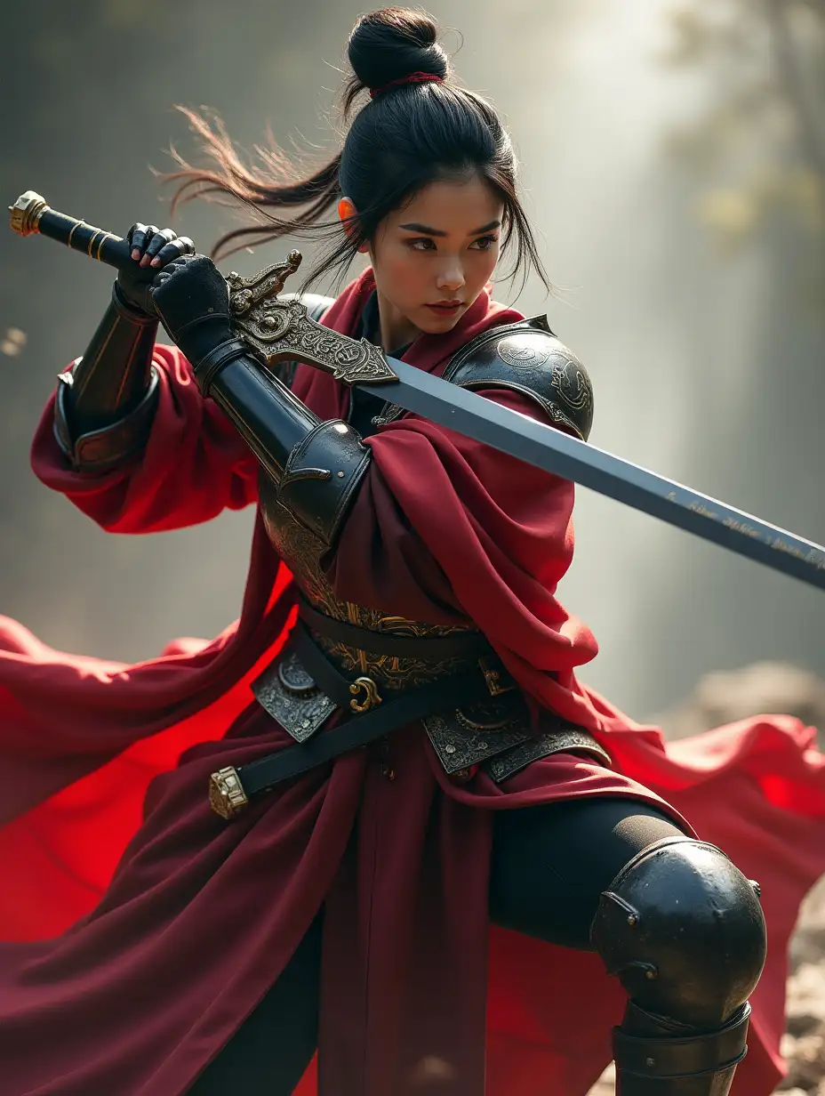 A medieval knight young japanese woman with an elegant updo hairstyle in a powerful action pose, on full body. She wields a beautifully designed gothic long sword with rune intricate engravings. The ornate gothic plate armor with deep red Surcoat, maxi flair skirts, gleevs and boots and a dynamic, heroic stance.