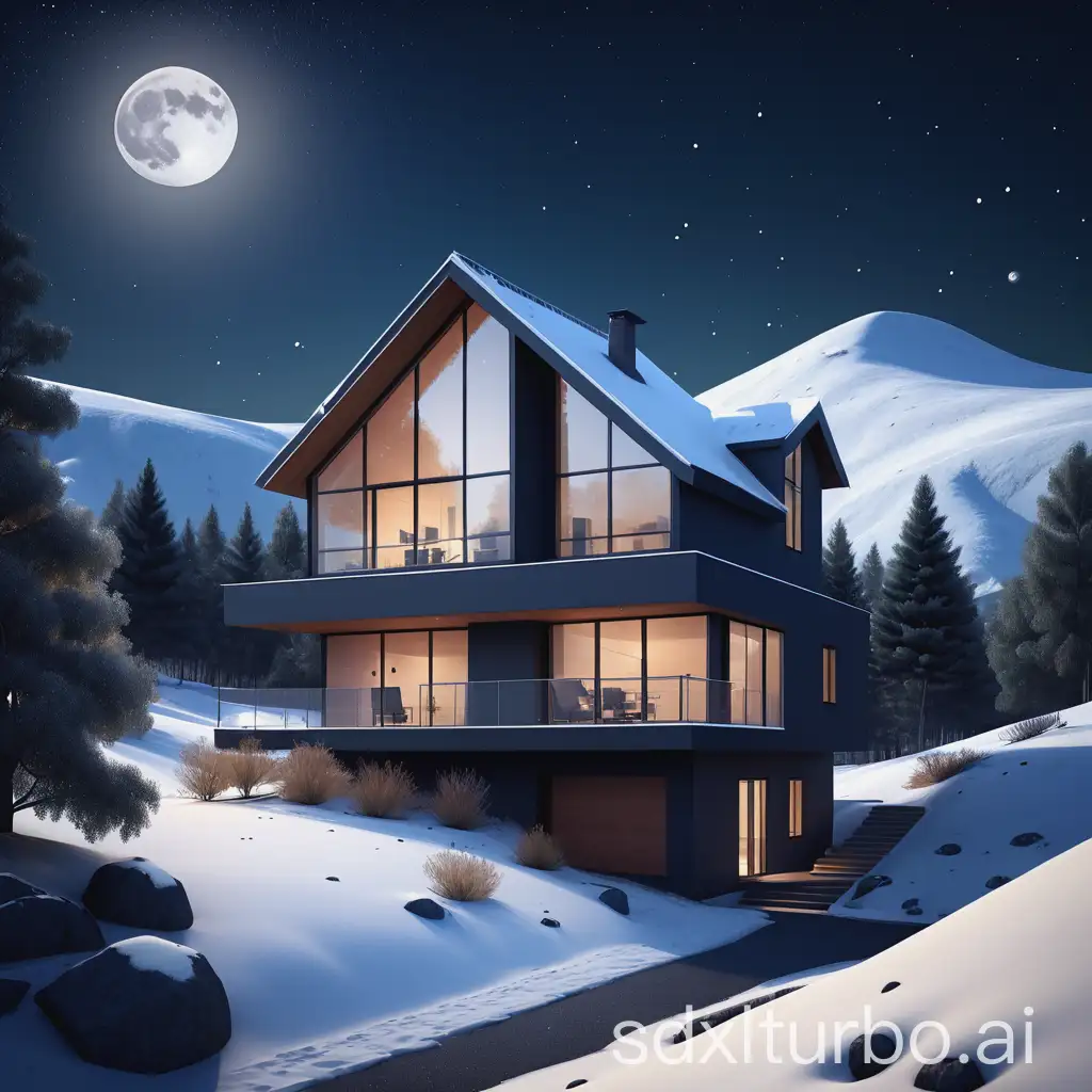 Imagine a two-story house located in the middle of a natural landscape. The house is modern but cozy, with large windows that reflect the night light. The roof is sloping and there is a small porch at the main entrance. The environment is illuminated by a starry night sky, where a waning moon stands out. In the background, you can see a snowy mountain. Some birds fly in groups in the sky. The vegetation around the house is varied, with some trees and bushes.
