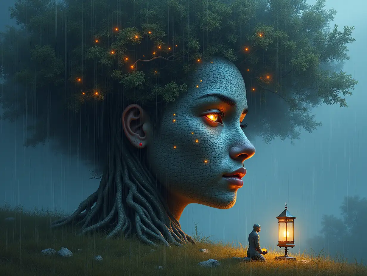 Creating a digital painting of a face with hair transforming into a building with silver stones and illuminated trees with roots and lantern and alien creatures on a meadow rain