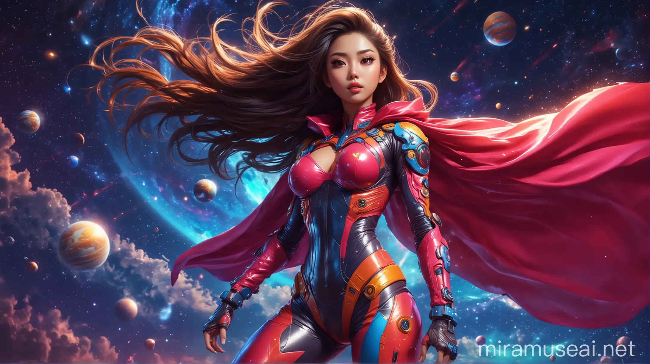 cartoon style, full-length perfect fitness body woman, asian, big breast, long wild hairstyle, big eyes and lips, tight futuristic colorful spacesuit with glowing parts, fluttering in the wind long colorful cape, colorful night sky with bright blowing planets