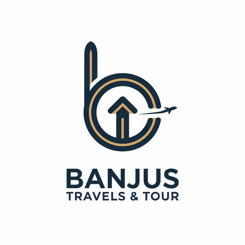 LOGO Design for Banjus Travels Tour Minimalist B and T with Upward Arrow and Airplane Symbol Navy Blue and Gold on White Background