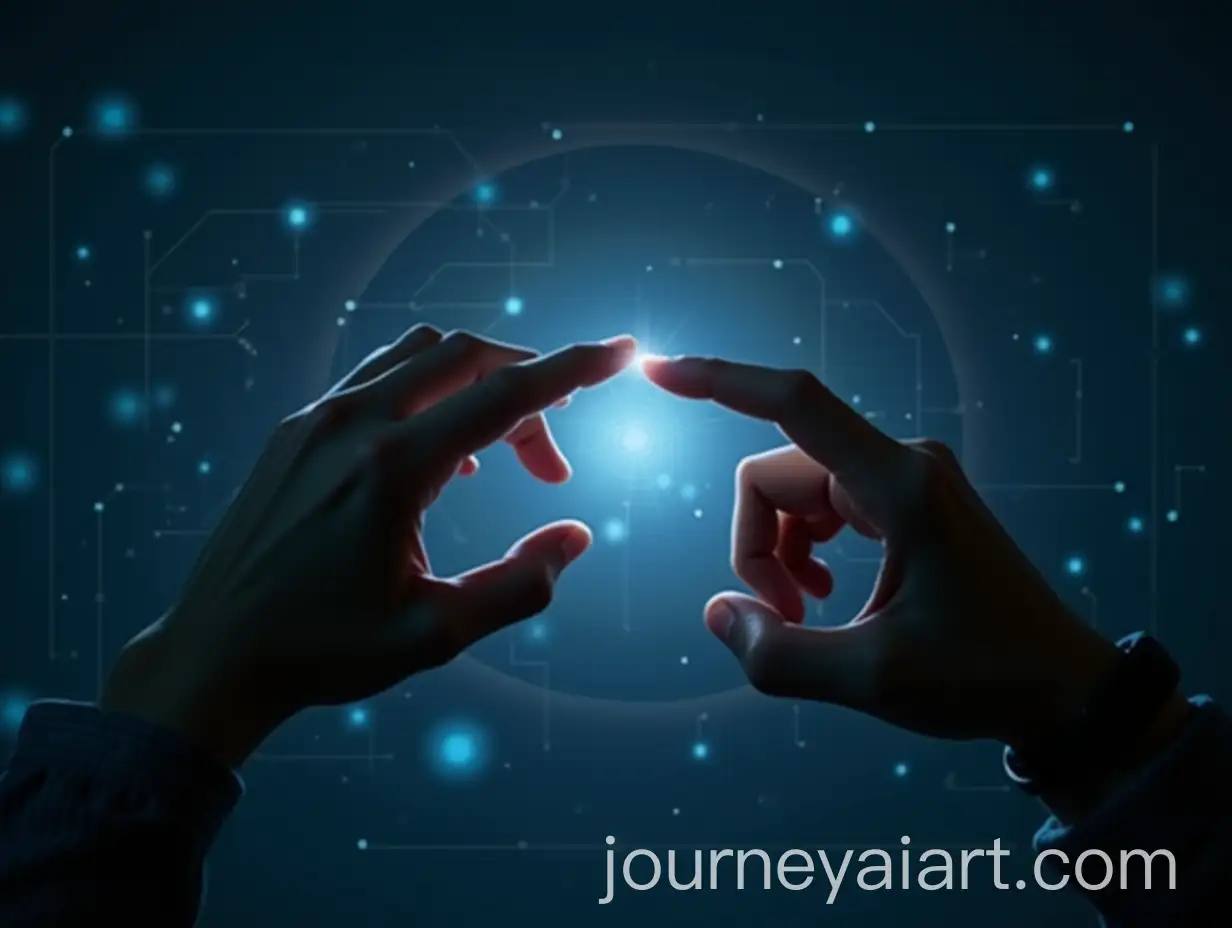FuturAI-Image-Prompt-Expansionistic-Hands-Almost-Touching-Through-Transparent-Screen-with-Glowing-Interface