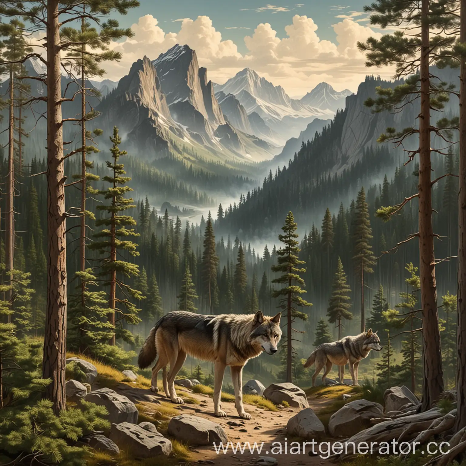 Majestic-Forest-Landscape-with-Mountains-Pine-Trees-and-Wolf