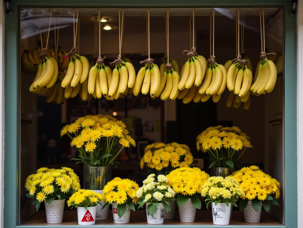 Store window featuring an arrangement of bananas and yellow flowers. The display is well-lit and organized, with bananas hanging and flowers in pots.