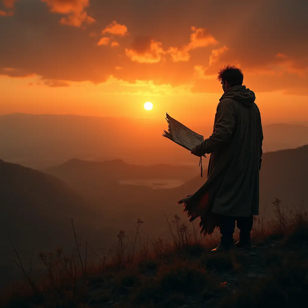 A lone figure stands atop a windswept hill, silhouetted against the fiery hues of a setting sun. His tattered cloak billows in the breeze, and his eyes scan the horizon as if searching for something—or someone. In his hand, he clutches an ancient map, its edges frayed and marked with cryptic symbols. Below, a sprawling valley lies shrouded in mist, hiding secrets long forgotten. Who is this man? What brought him to this desolate place? And what lies beyond the horizon that he so desperately seeks?