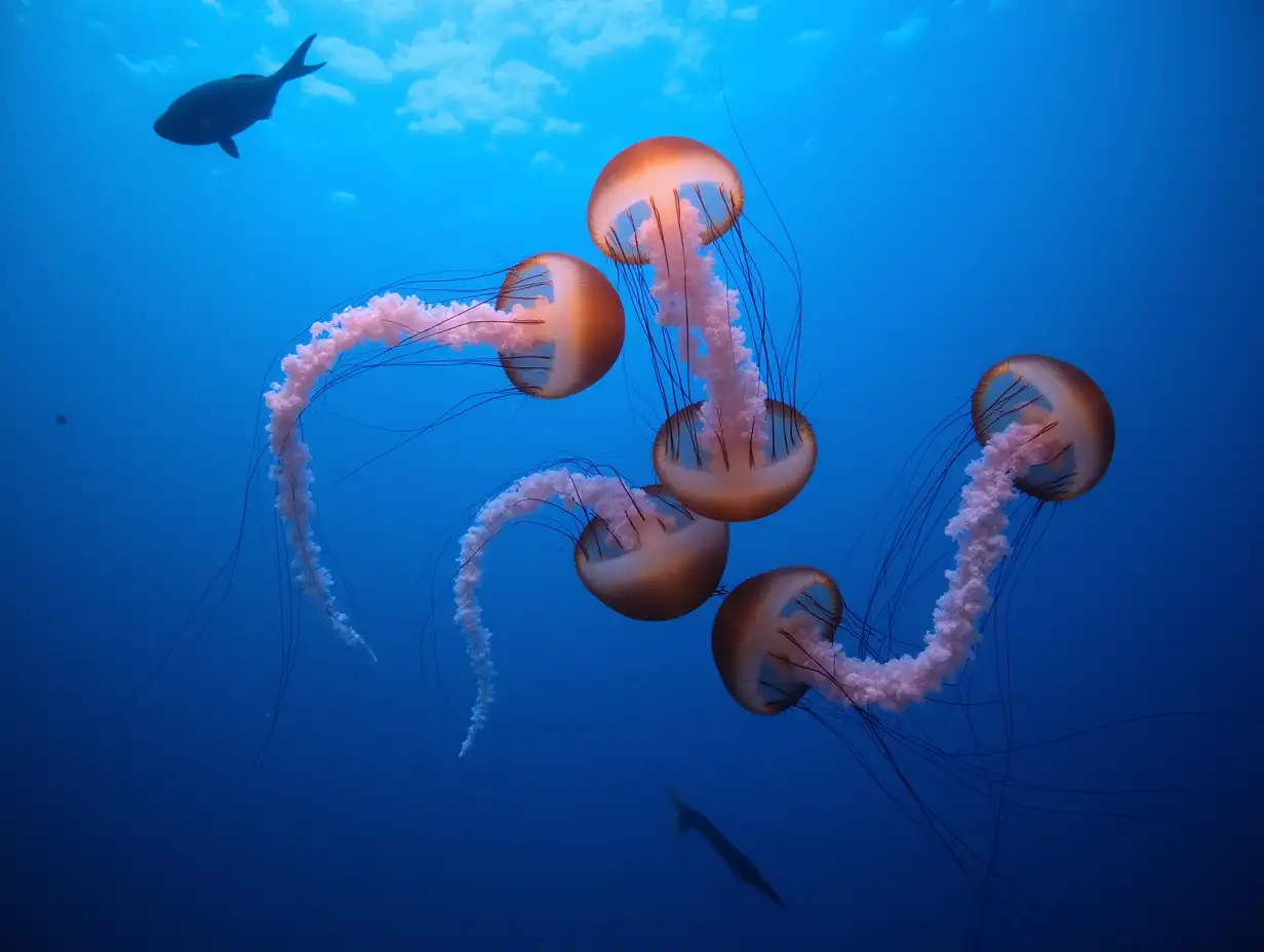 jellyfishs swimming with other sea fishes in blue ocean underwater outdoors animal