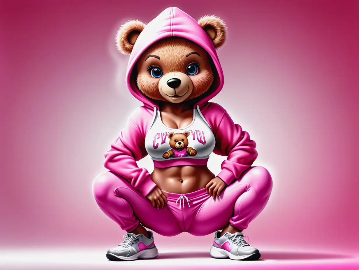 a digital airbrush illustration Teddy Bear female wearing a sport bra and pink hoodie and gym pants