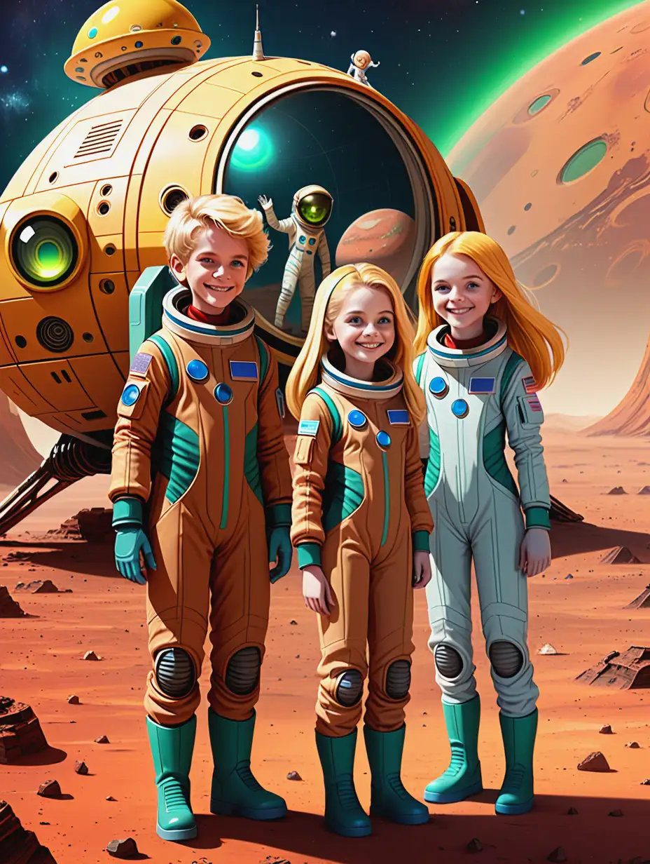 Adolescents Smiling on Mars with Old Yellow Spaceship