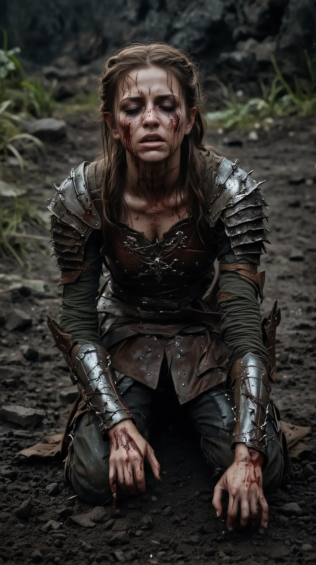 Elf-Princess-in-Light-Armor-on-a-Desolate-Battlefield-at-Night-Wounded-and-Tortured