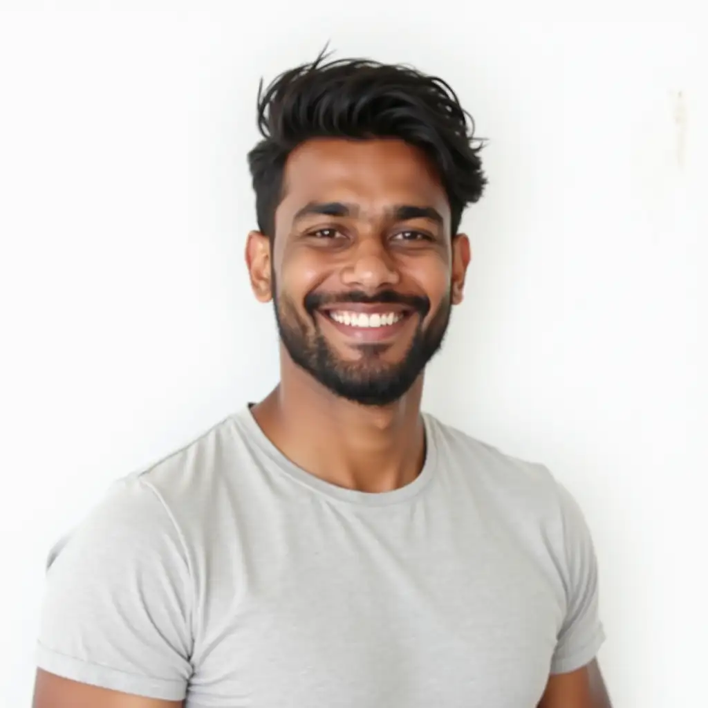 Handsome Indian man, 25 years old, wearing a t-shirt, white background, daytime, no facial hair