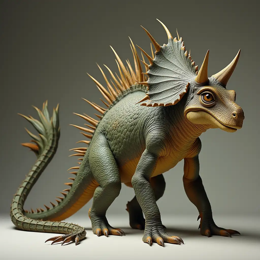 a creature that is a blend of different creatures,  body and tail of a lizard, head of a wicked snake, porcupine quills at the end of its tail, a bone collar above its shoulders like a triceratops