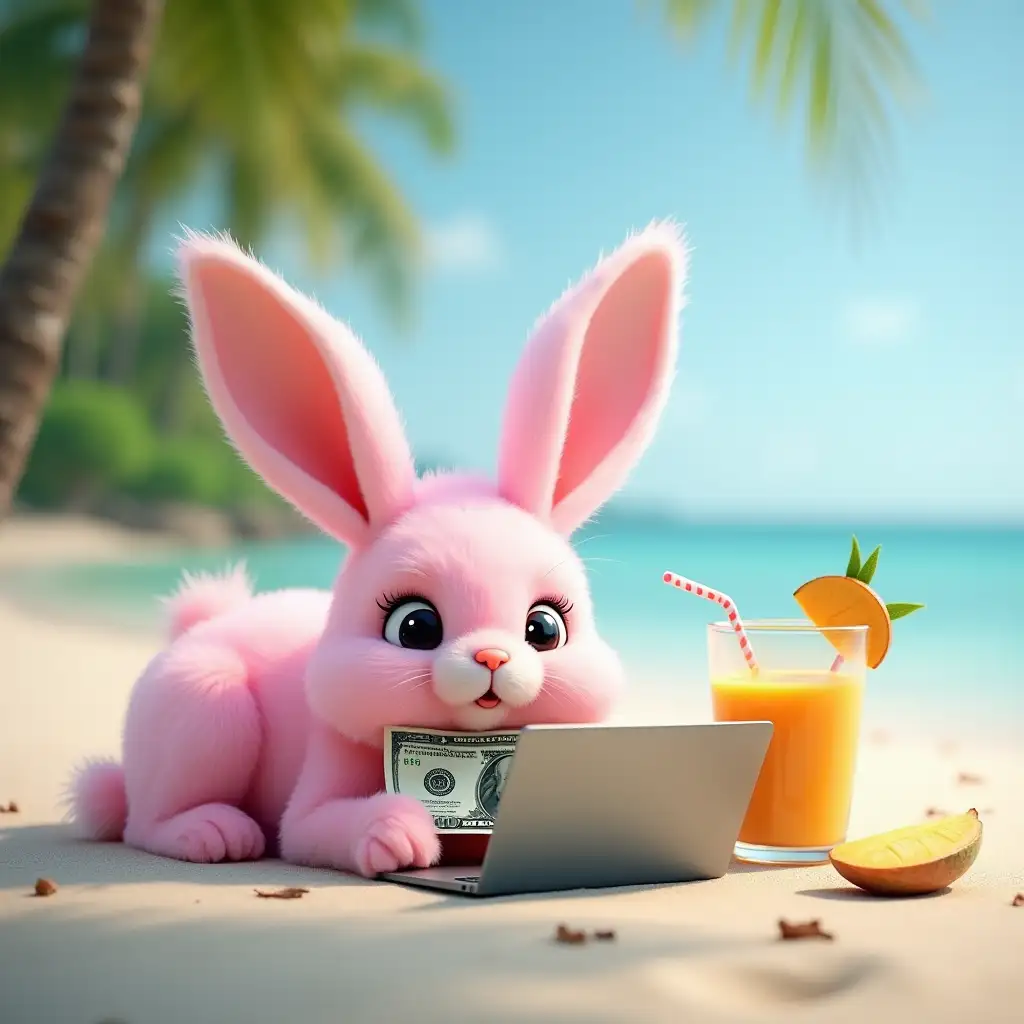 Pink realistic bunny with macbook and 100 dollar bill from usa lies on the beach in Thailand near palm trees and sea, next to mango smoothie, very realistic