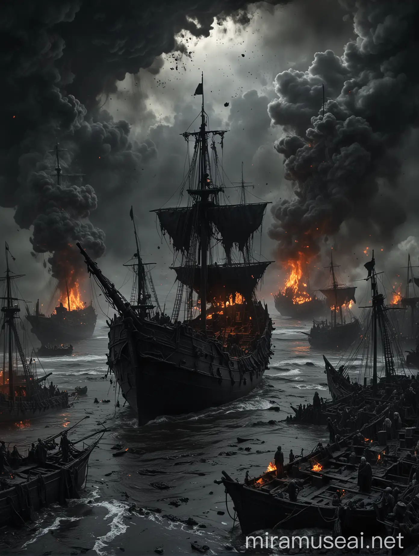 Apocalyptic Seascape Skeletal Ships and Fiery Phantoms