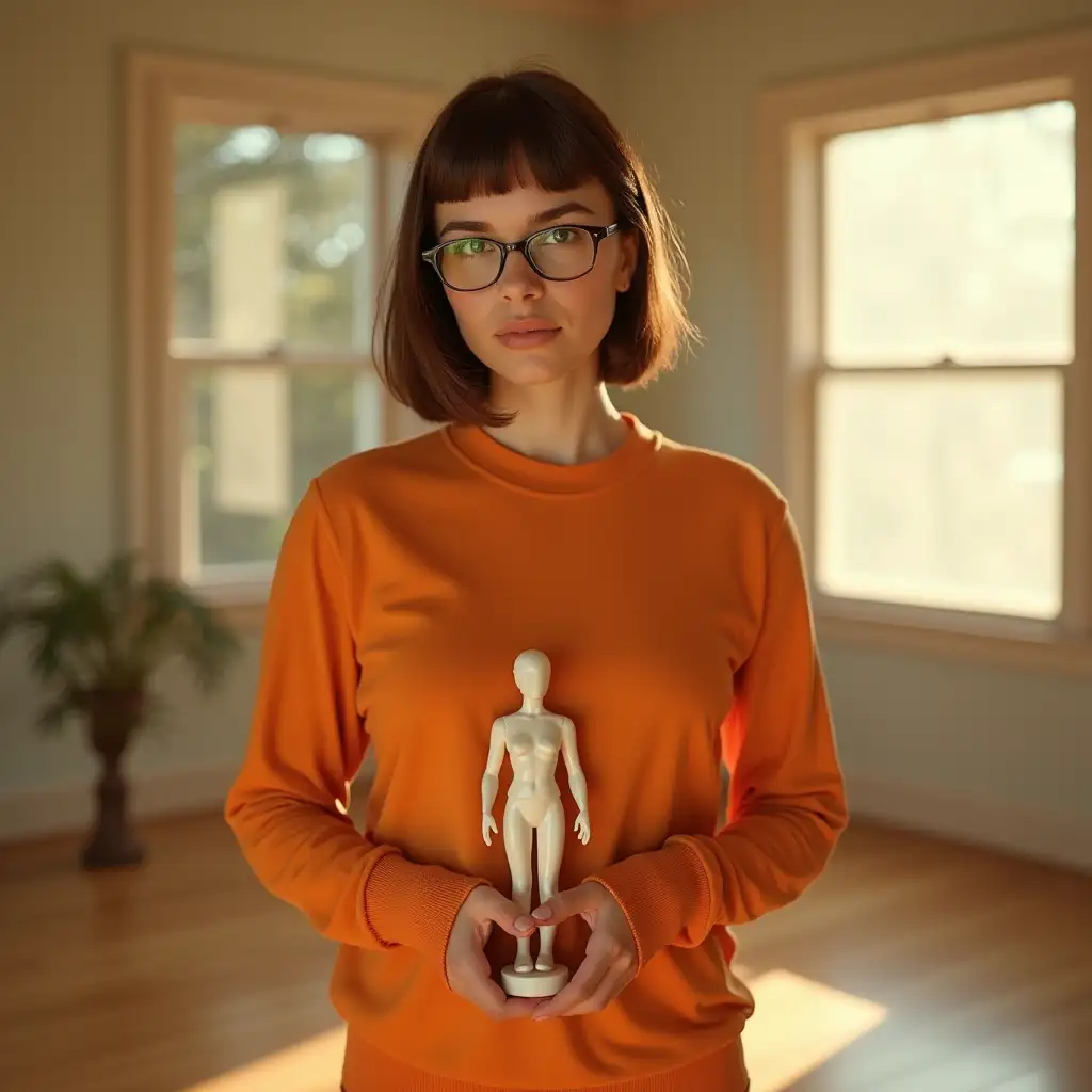 Velma Dinkley, a woman of around 25, stands in a wide, sunlit room.  Her most striking feature is her intelligence, evident in her bright eyes and thoughtful expression.  She has a straight nose and a sleek, brown bob, curved and slightly asymmetric, parted to one side. She is wearing glasses. The lower portion of her hair has an intriguing, almost sculpted asymmetry.  Velma has a solid, full figure, and wears a simple orange t-shirt.  She stands in a relaxed, almost star-like pose, balancing her weight evenly.  On her feet are a pair of unexpectedly stylish, orange shoes and thick long orange socks.  Soft, warm sunlight streams through a nearby window, illuminating her face and highlighting her features.  She holds a small statue of a human body (thin statue) with both hands, cradling it from below, her gaze direct and engaging as she looks towards the camera.  The scene is captured with the clarity and detail of an iPhone 15 camera, with cinematic lighting, high brightness, and natural HDR, creating a high-definition, full-body photograph that emphasizes Velma's intriguing presence.