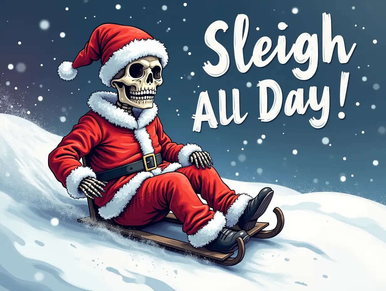 Vector illustration, Art style: charcoal drawing. Create a festive, somewhat spooky Christmas image featuring a skeleton dressed as Santa Claus, sledding down a snowy hill. The skeleton should have a mischievous grin and be wearing a Santa hat and gloves. Snowflakes should be falling from the sky, and the text 'Sleigh All Day!' should be written in bold, festive lettering. The background should be a snowy winter scene with a hint of blue and purple hues.