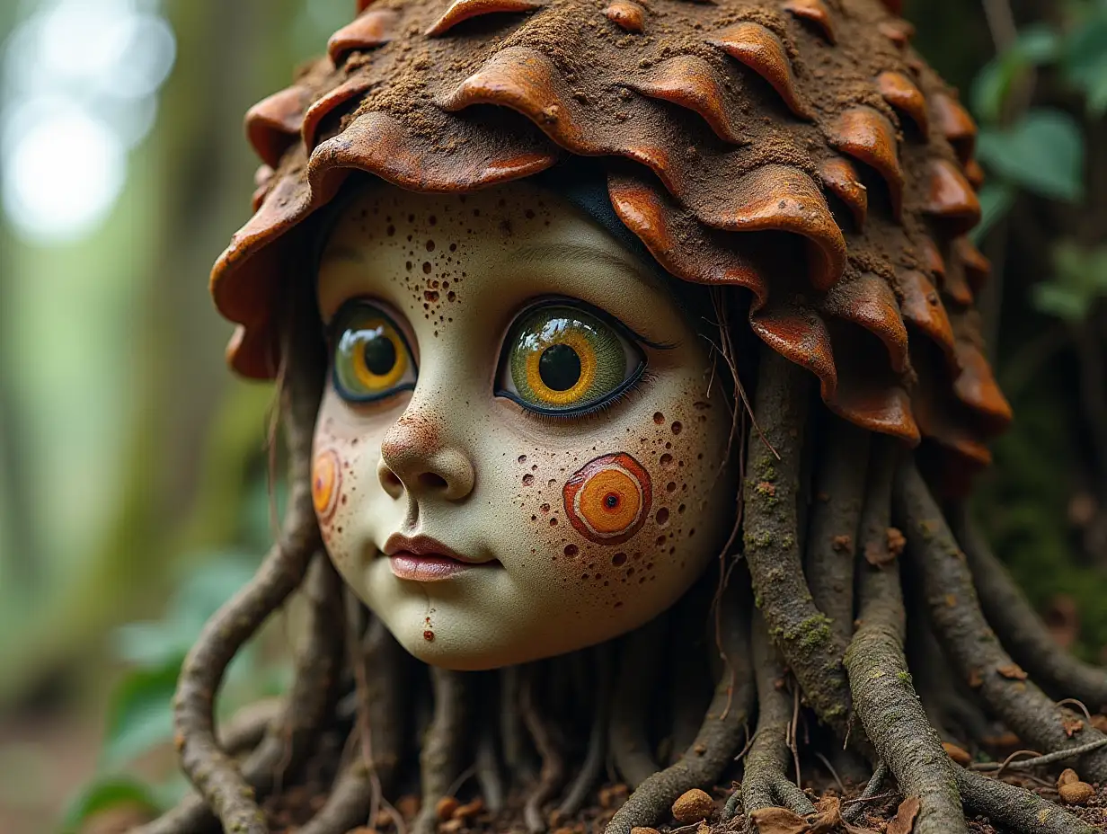 Face transformed into building with brown Fly Agaric roots