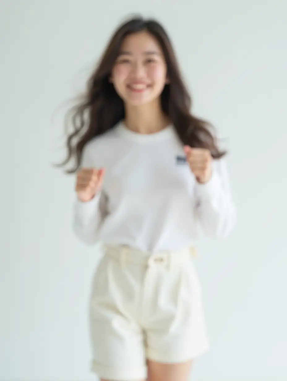 Young Asian 24-year-old woman, running full body picture, light white clothes, pure clean background, smiling with long hair