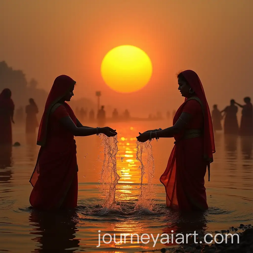 Women-Worshiping-the-Sun-God-during-Chhath-Puja-by-Offering-Water-in-a-River