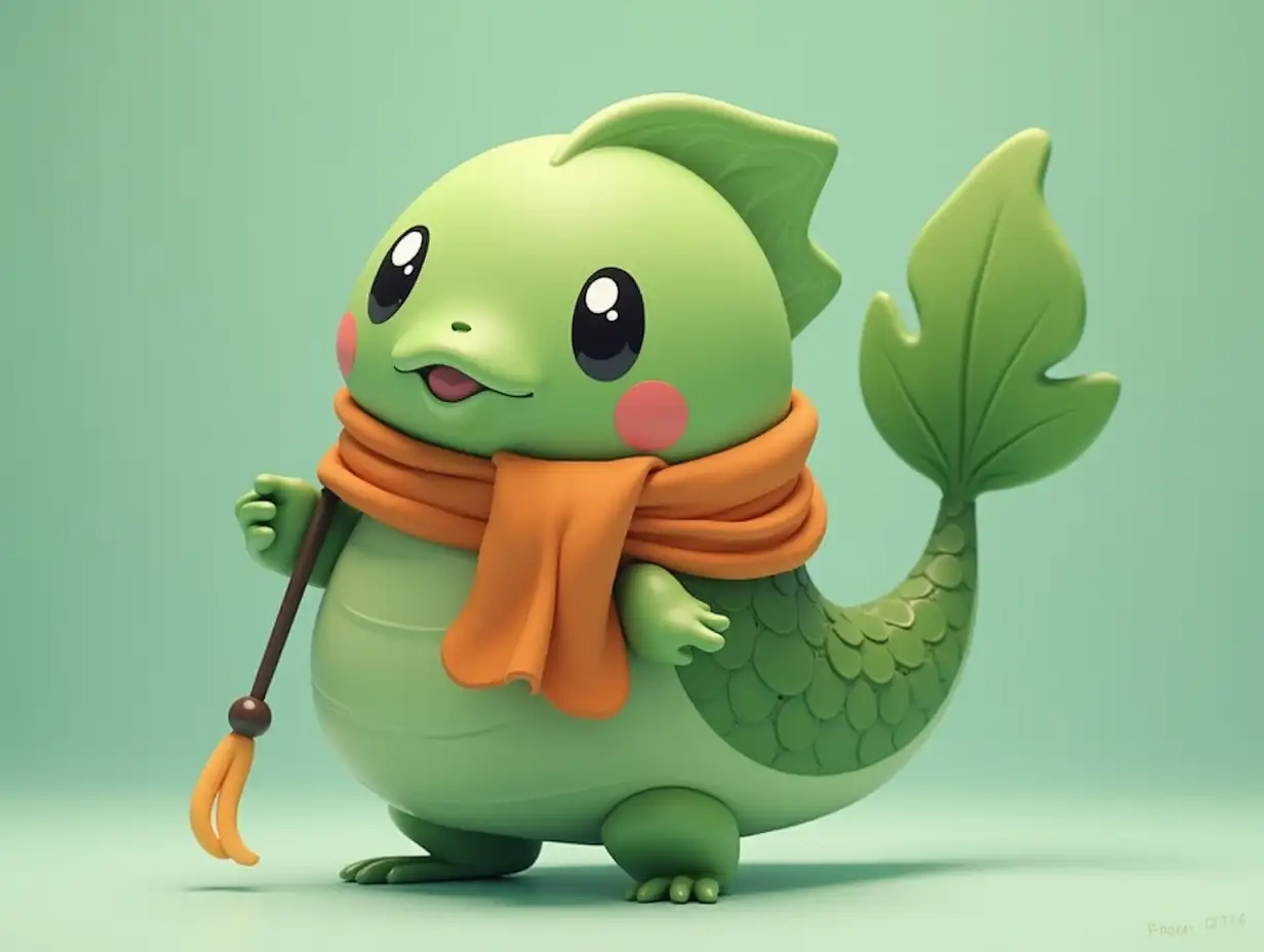 make a green fish pokemon wearing a orange  scarf