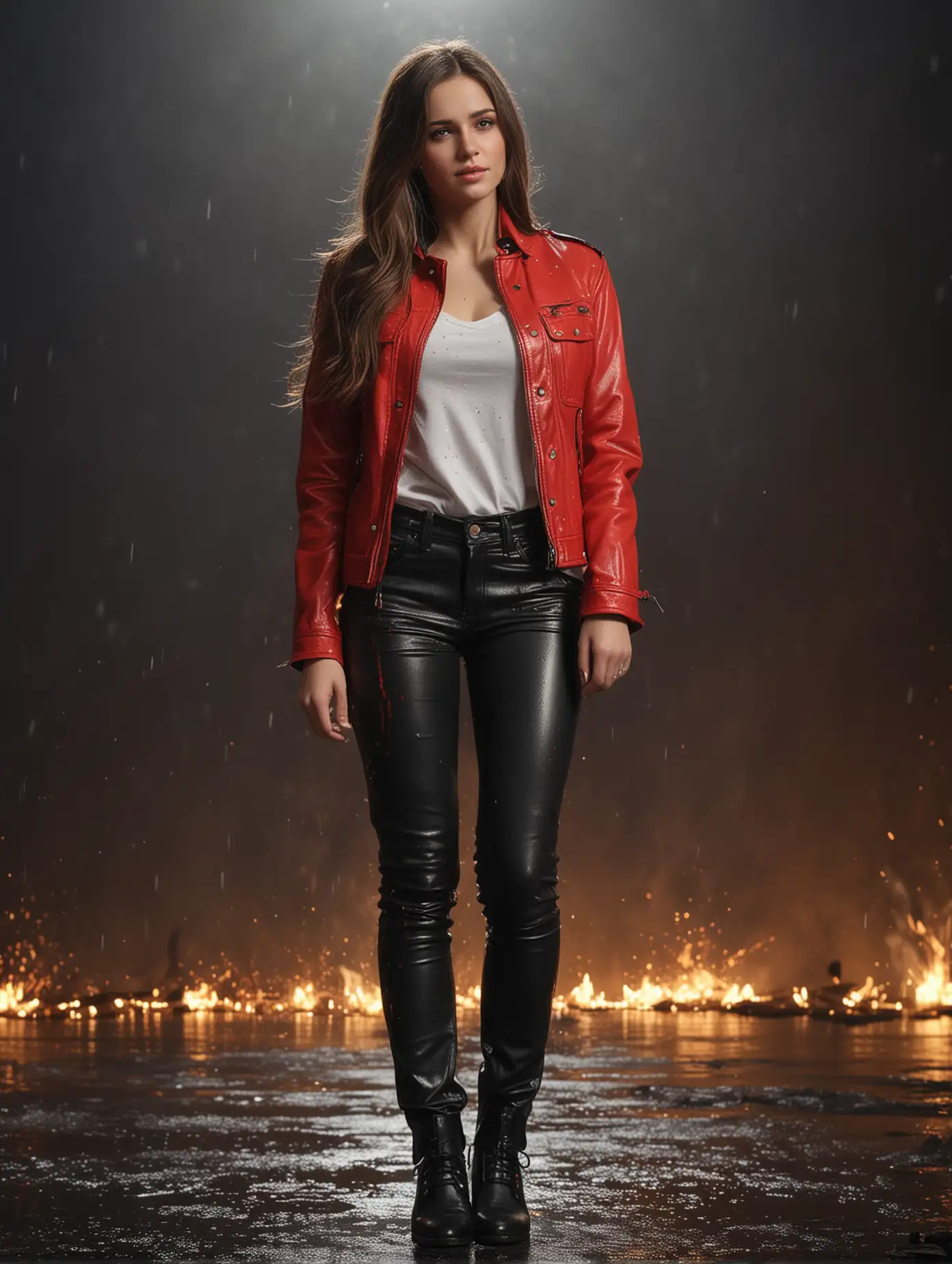 Brunette-Woman-in-Red-Jacket-and-Black-Leather-Pants-Standing-Against-Dark-Backdrop-with-Golden-Sparkling-Rain