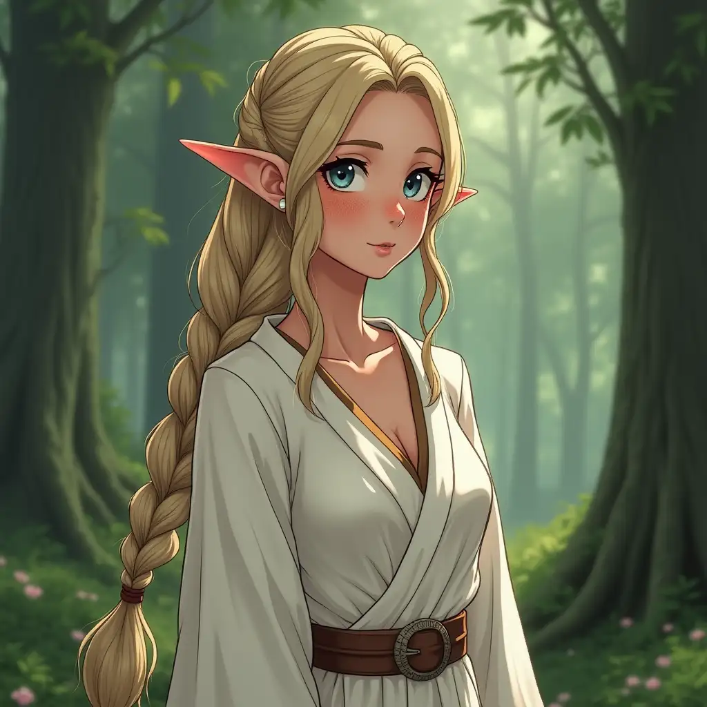 Elf girl, 30 years old, freckles, realistic anime style, pointed ears, long braid on her head, dressed in a white chiton, full-length, forest