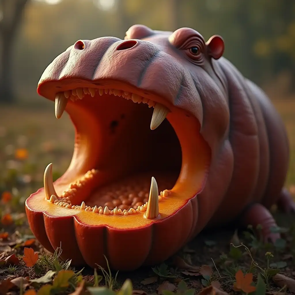 a huge red pumpkin in the open mouth of a hippopotamus, close up, close up, large