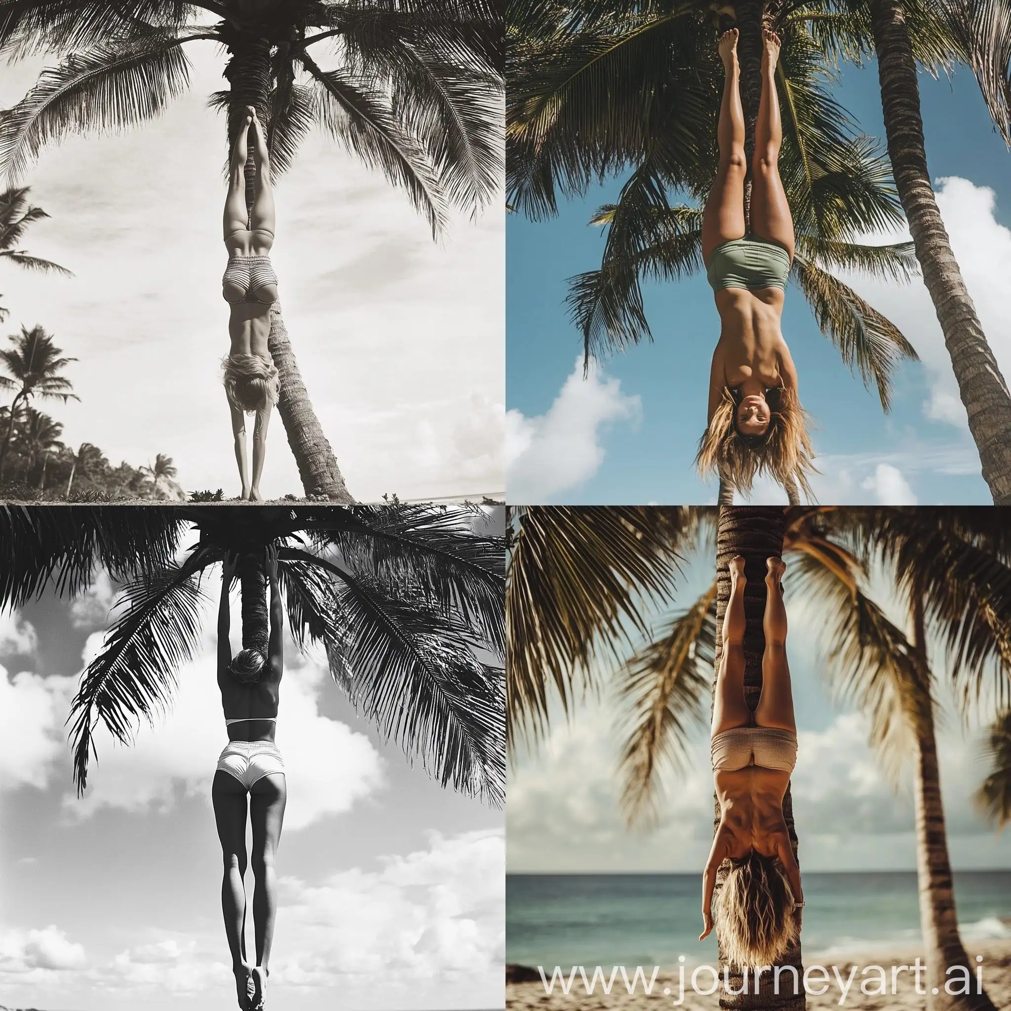 Slender-Girl-Doing-Handstand-by-Palm-Tree-in-Short-Shorts