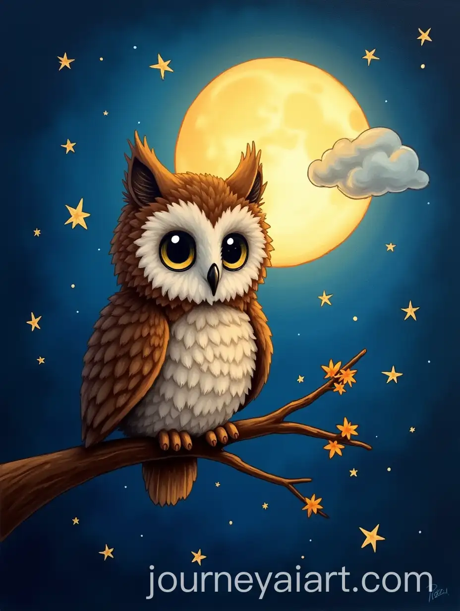 Little-Owl-Perched-on-Branch-Under-Full-Moon-Night-Sky