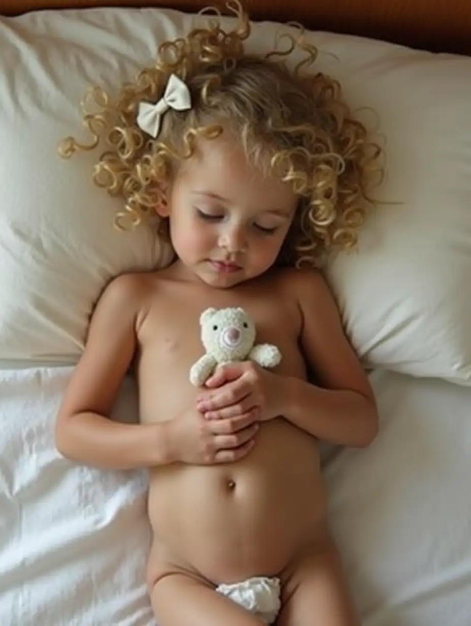 Skinny-Little-Girl-with-Curly-Blonde-Hair-Holding-Stuffed-Animal-on-Bed