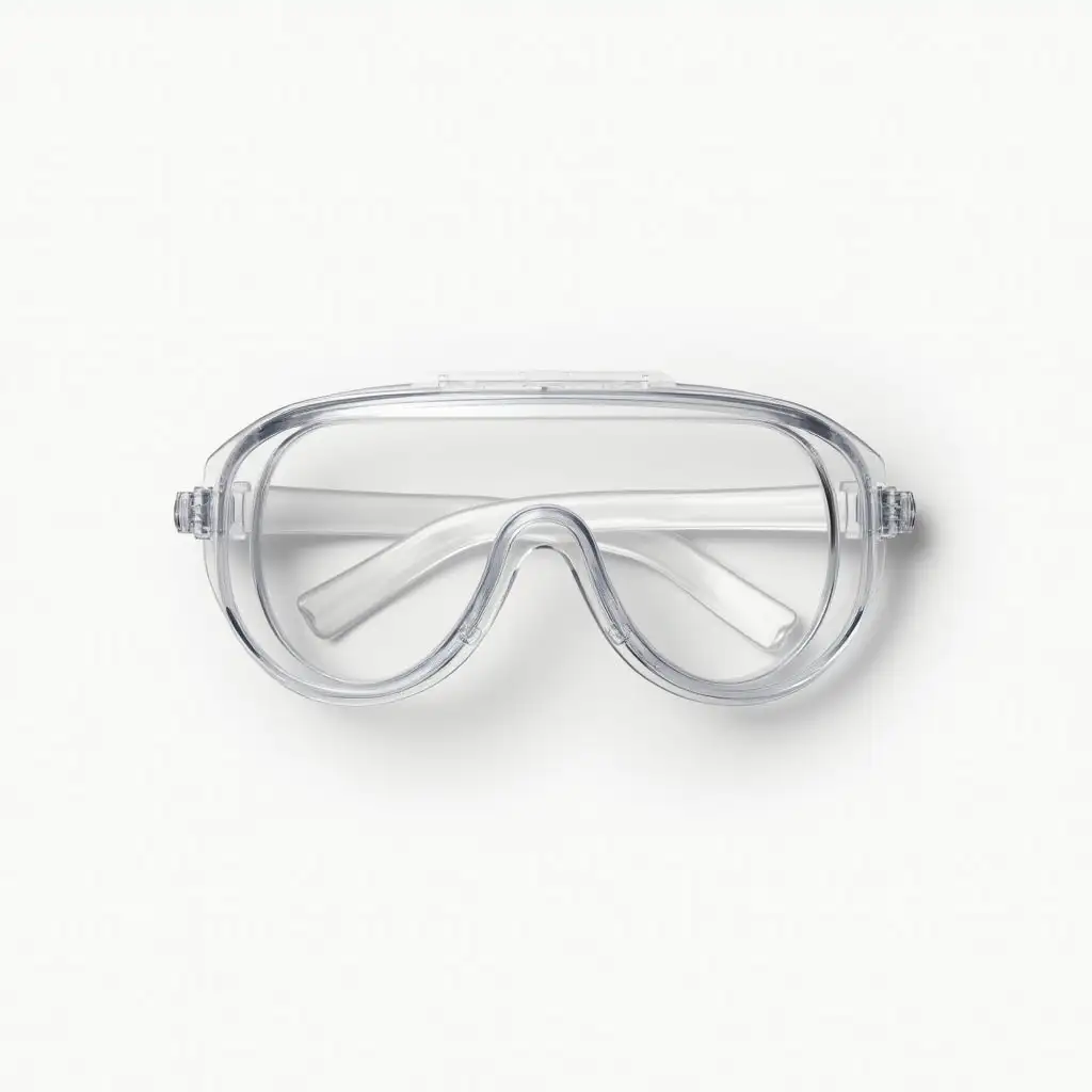 Protective glasses, white background, posed, top view