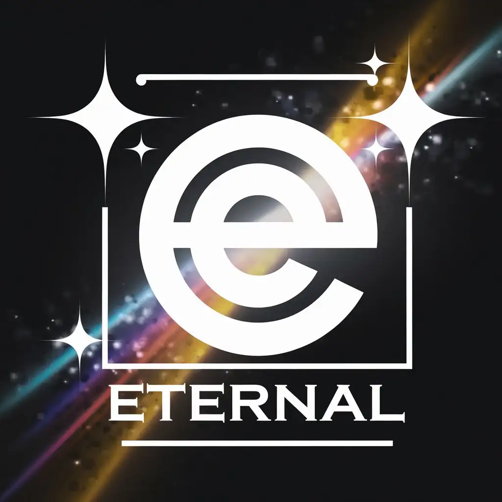 LOGO Design for Eternal Black Background with White E Monogram and Starry Effects