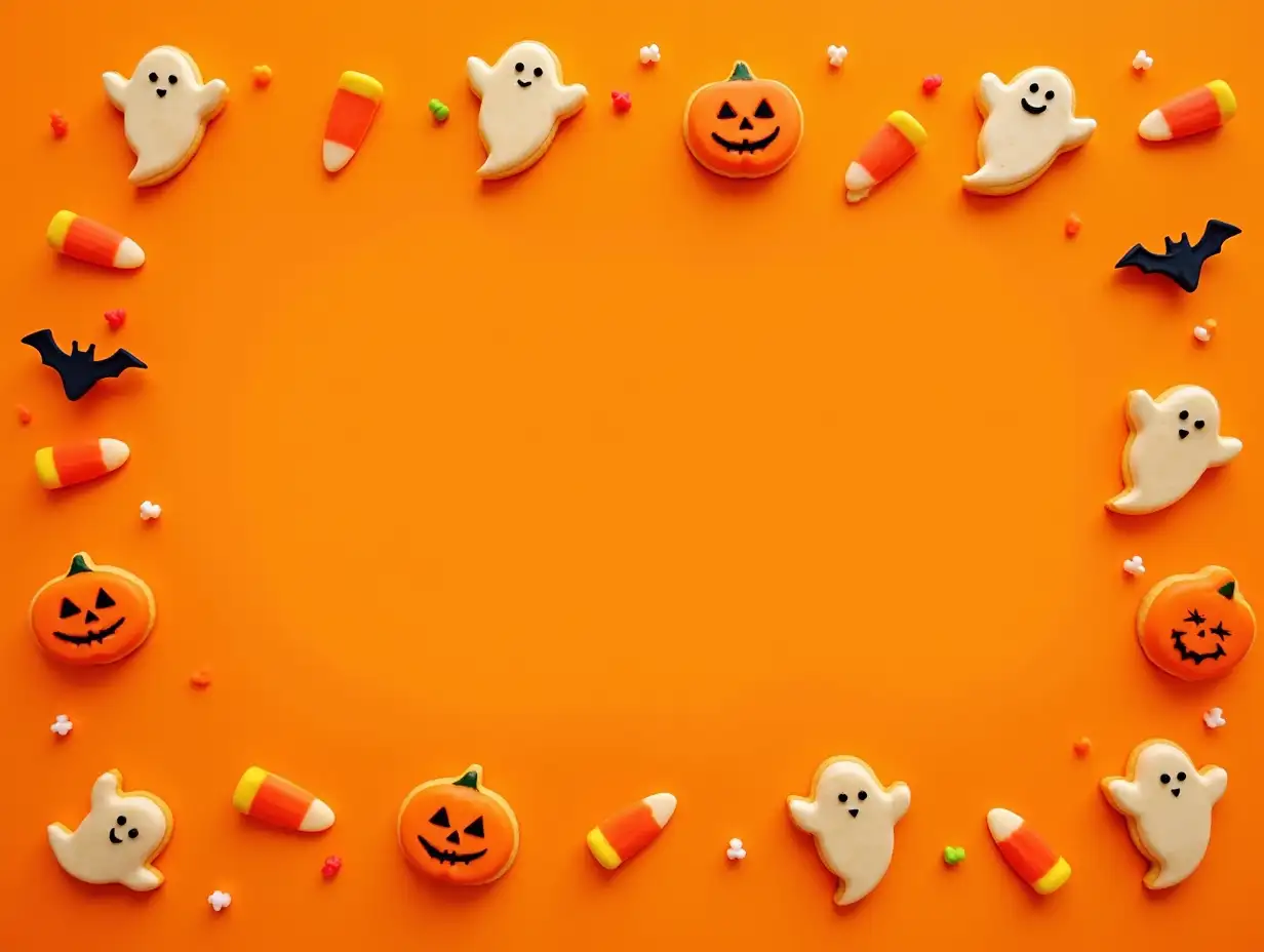 Halloween cookie frame. Top view on an orange background with copy space. Ghosts, bats, jack o lanterns and candy corn.