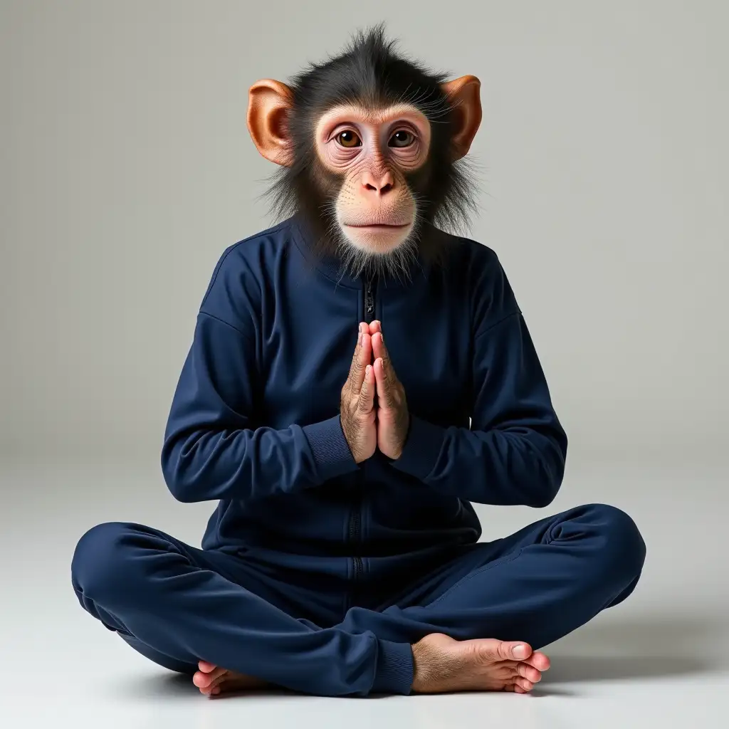 A monkey wearing navy blue tracksuit and sit or doing yoga