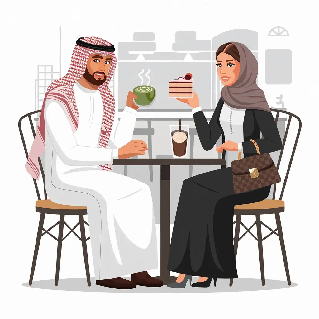 Arab-Couple-Enjoying-Tiramisu-and-Matcha-at-a-Cafe-with-Luxury-Lady-Bag